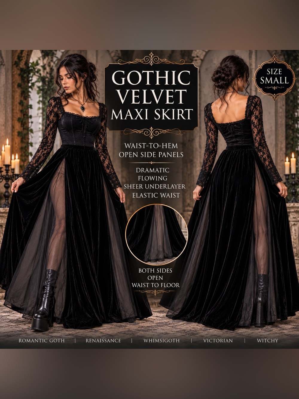 Gothic Black Velvet Maxi Skirt Sheer Panels Renaissance Whimsigoth Small sexy